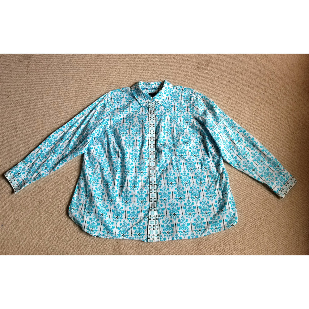 Womens Top-TALBOTS-white/aqua/blue floral 100% cotton button-up tunic ls-2XP